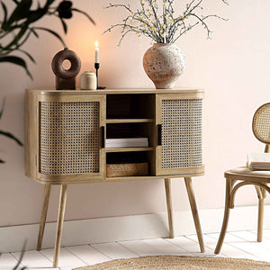 Izzy Curved Rattan 2-Door Buffet Sideboard, Natural