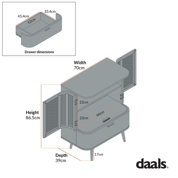 Izzy Curved Rattan 1-Drawer Small Sideboard, Natural