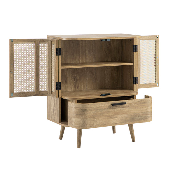Izzy Curved Rattan 1-Drawer Small Sideboard, Natural