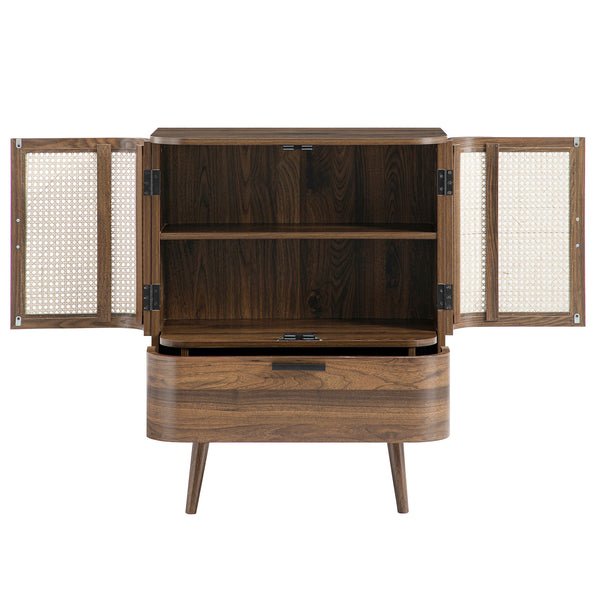 Izzy Curved Rattan 1-Drawer Small Sideboard, Walnut