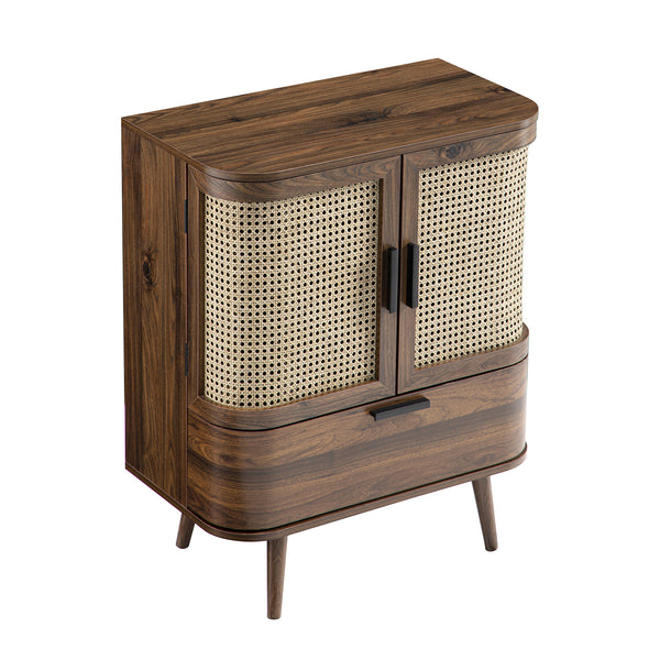 Izzy Curved Rattan 1-Drawer Small Sideboard, Walnut