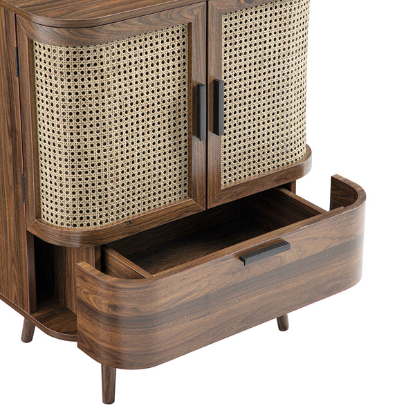 Izzy Curved Rattan 1-Drawer Small Sideboard, Walnut