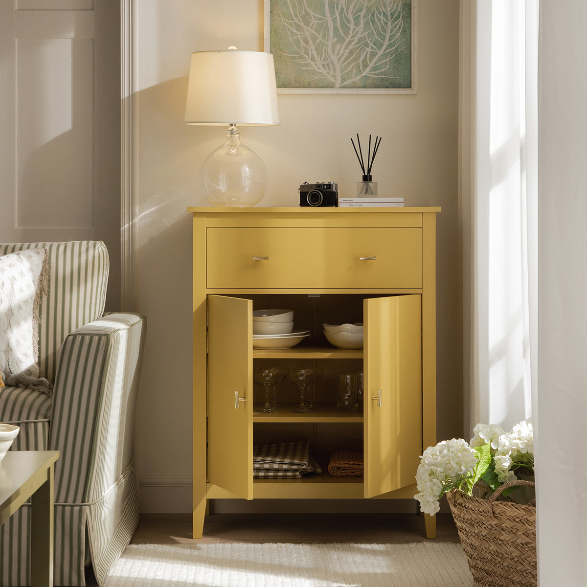 Oakham Small Sideboard with Drawer, Rattan Yellow | daals