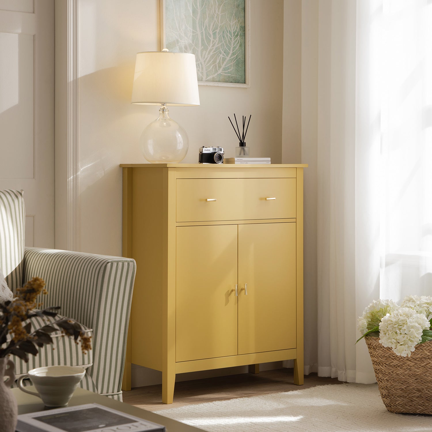 Oakham Small Sideboard with Drawer, Rattan Yellow | daals