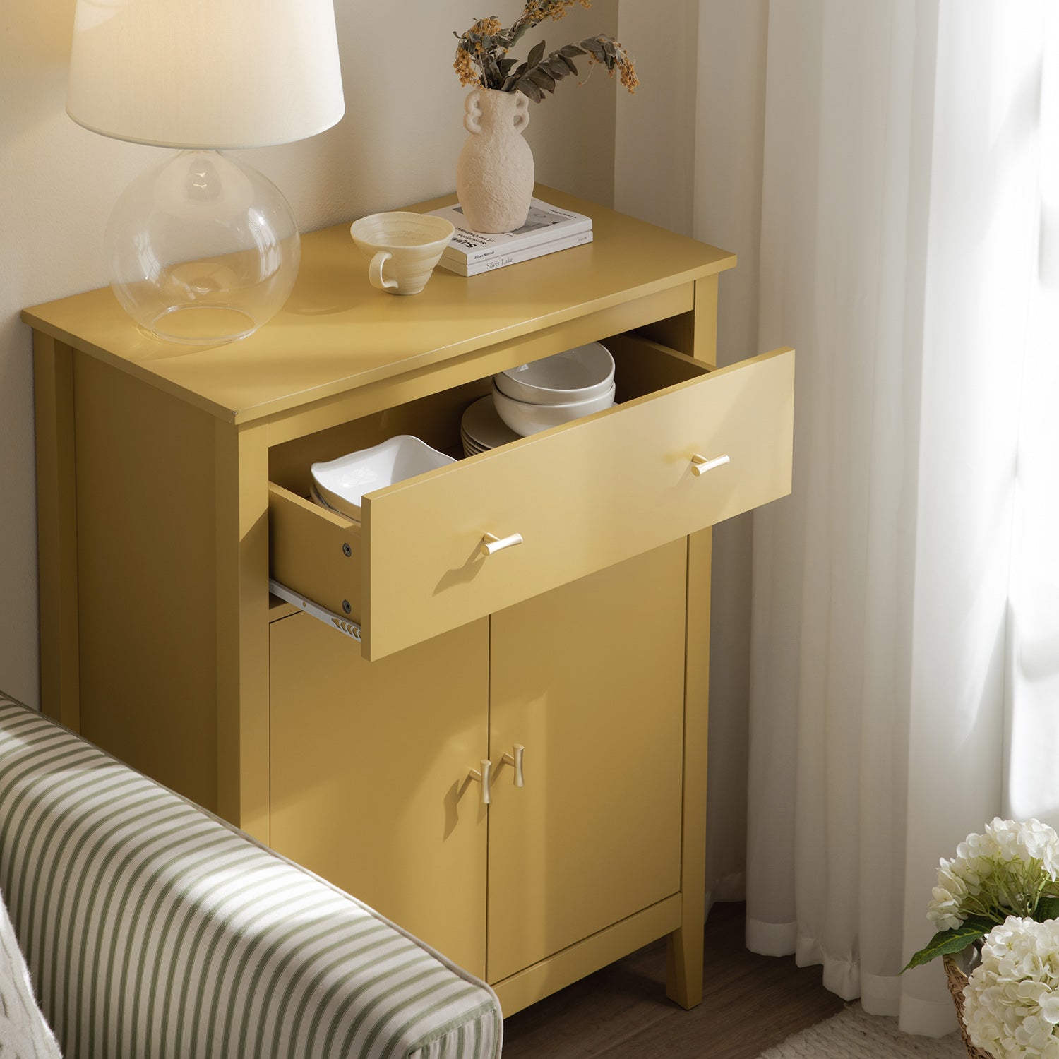 Oakham Small Sideboard with Drawer, Rattan Yellow | daals