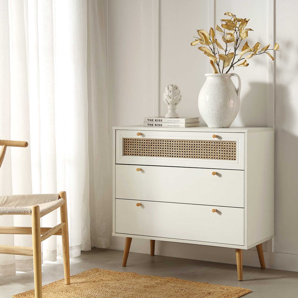 Anya Woven Rattan Chest of 3 Drawers in White daals