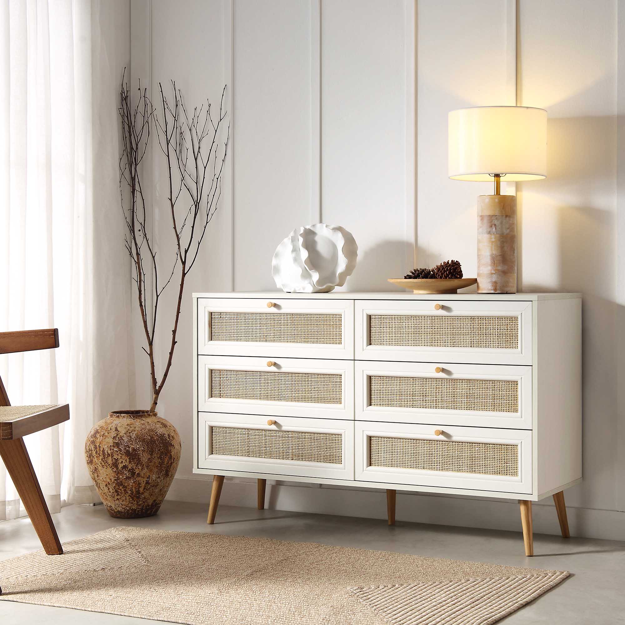 Frances Woven Rattan Chest of 6 Drawers, White | daals