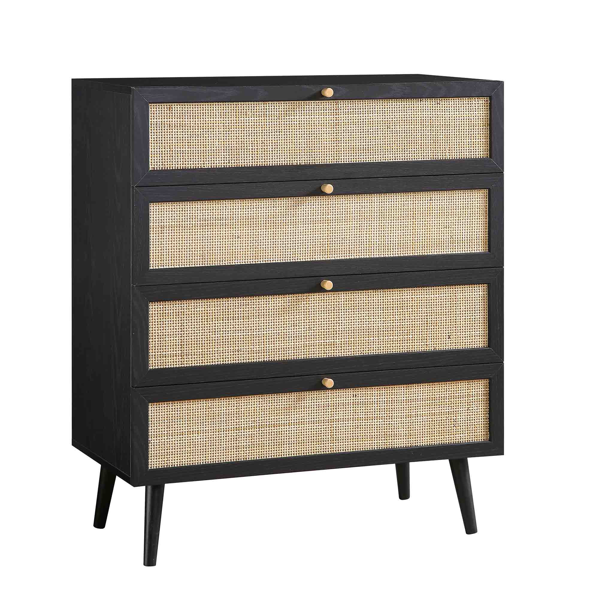 Frances Woven Rattan Tall Chest of 4 Drawers, Black | daals