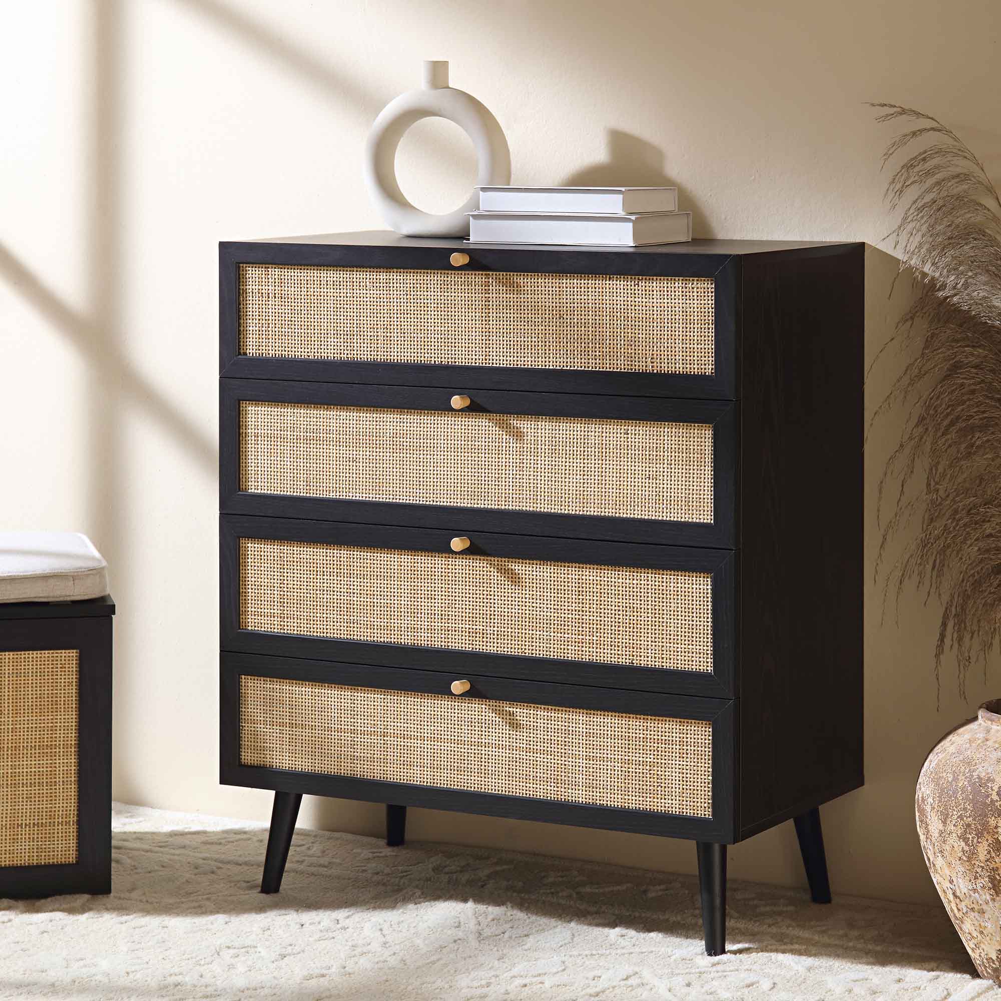 Frances Woven Rattan Tall Chest of 4 Drawers, Black | daals