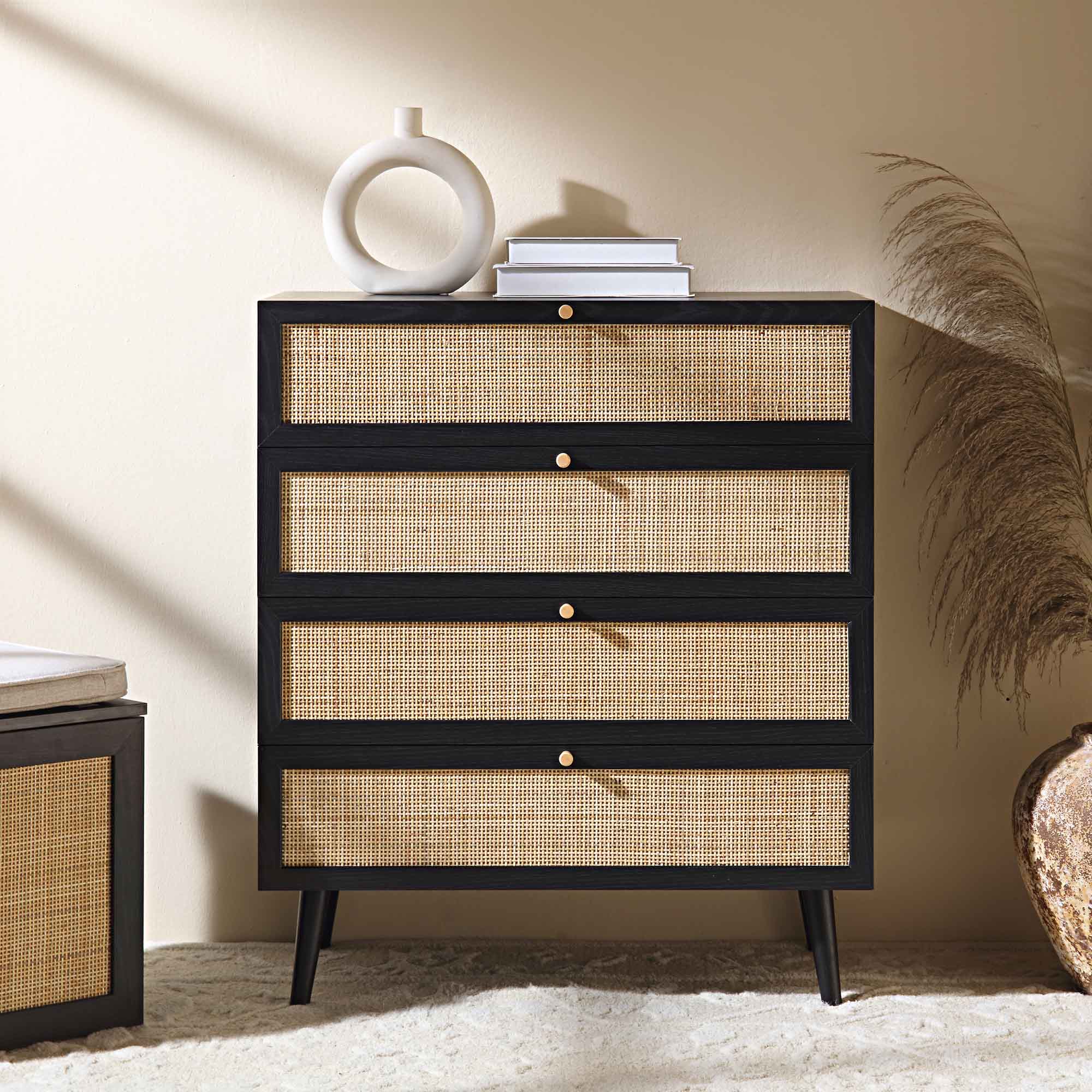 Frances Woven Rattan Tall Chest of 4 Drawers, Black | daals