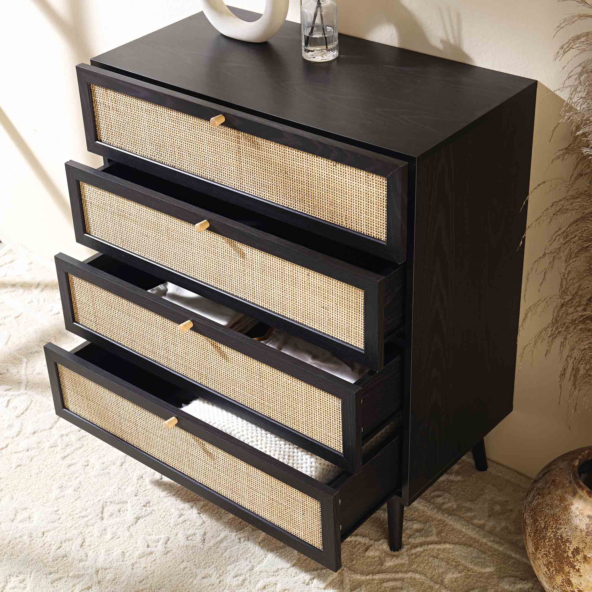 Frances Woven Rattan Tall Chest of 4 Drawers, Black | daals