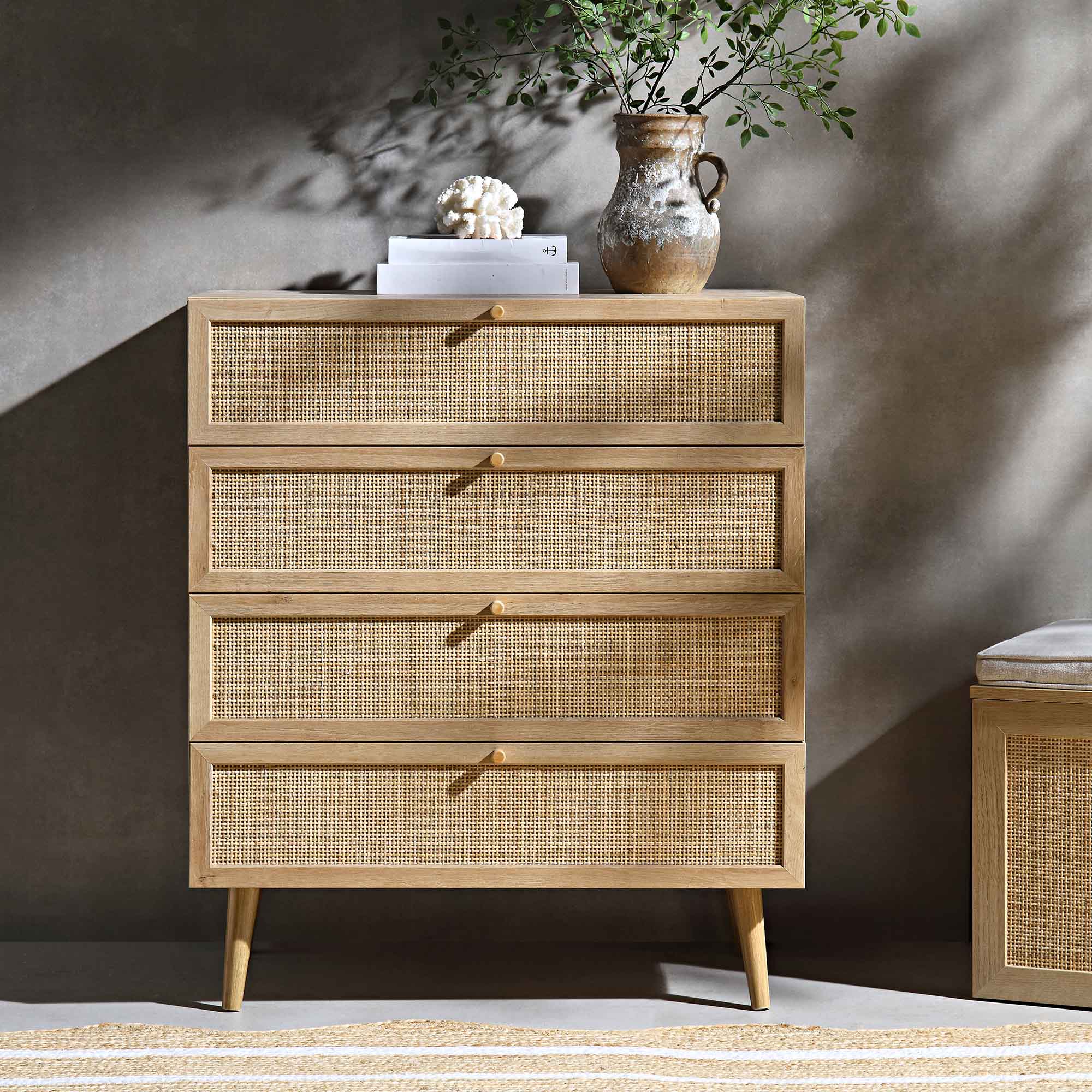 Frances Woven Rattan Tall Chest of 4 Drawers, Natural | daals
