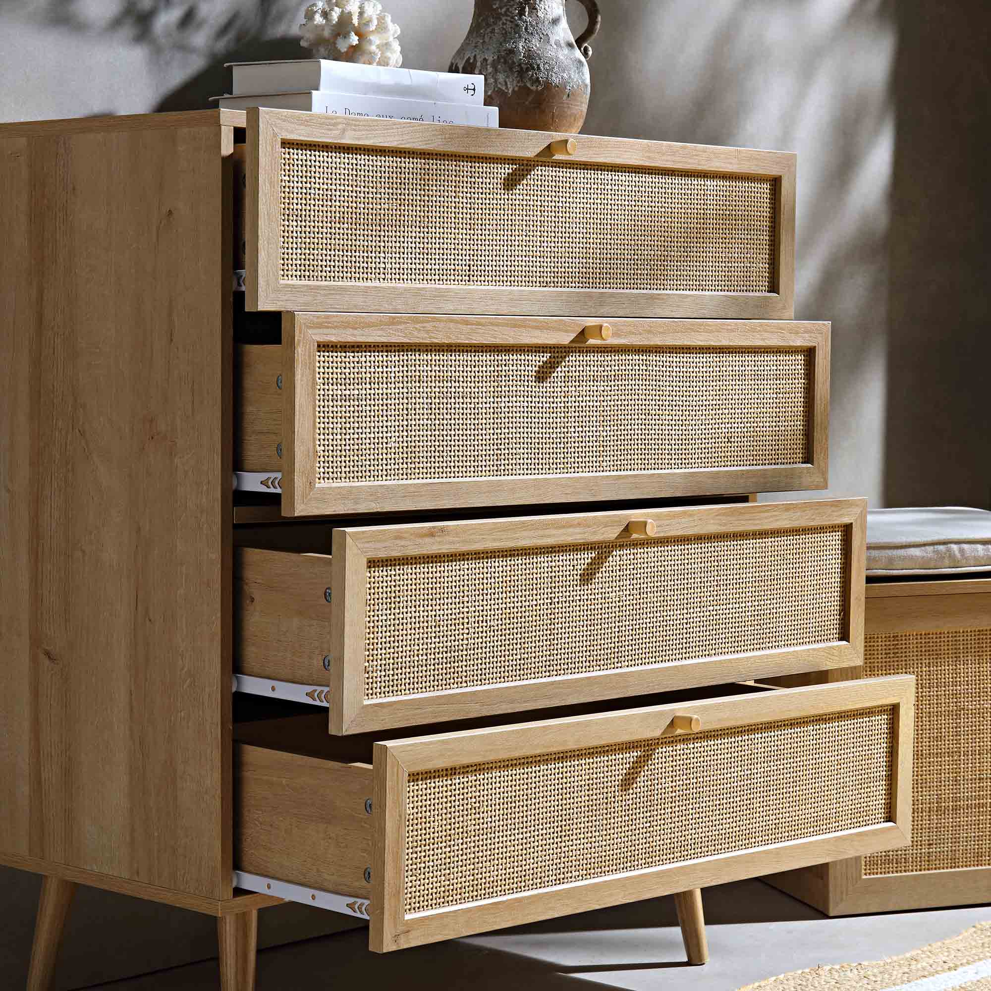 Frances Woven Rattan Tall Chest of 4 Drawers, Natural | daals