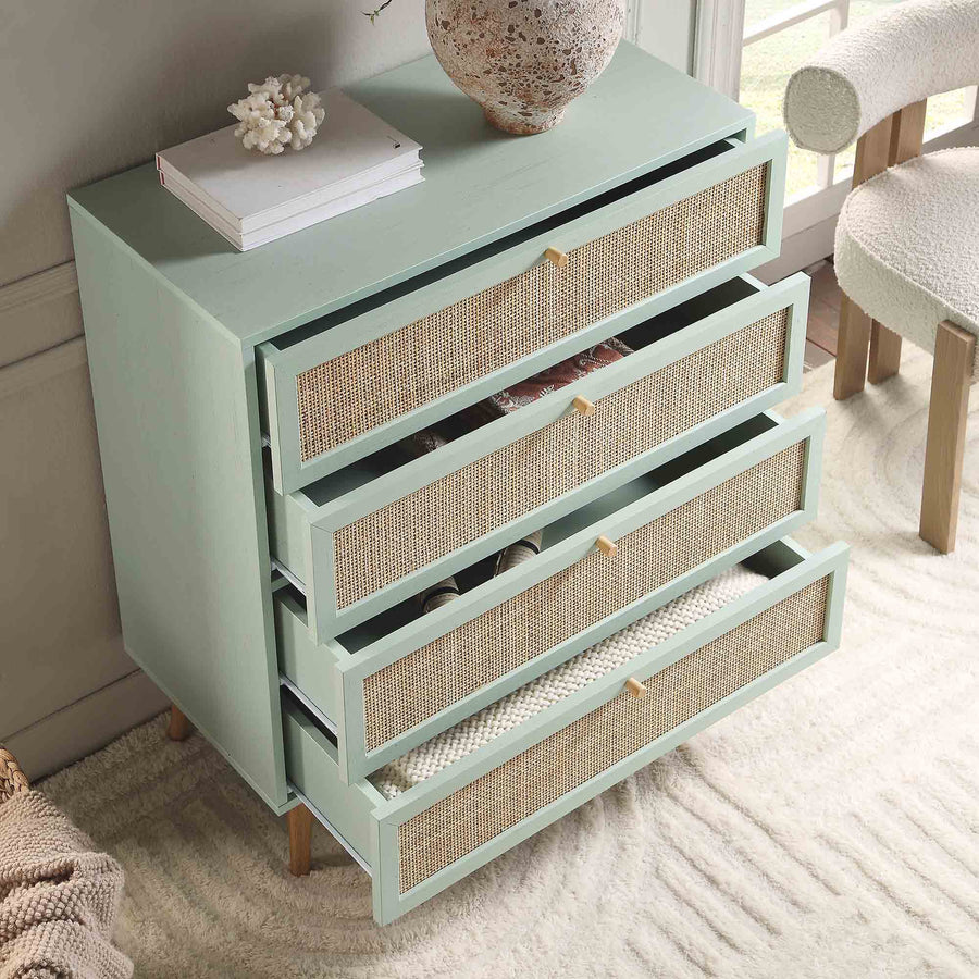 Frances Woven Rattan Tall Chest of 4 Drawers, Mint