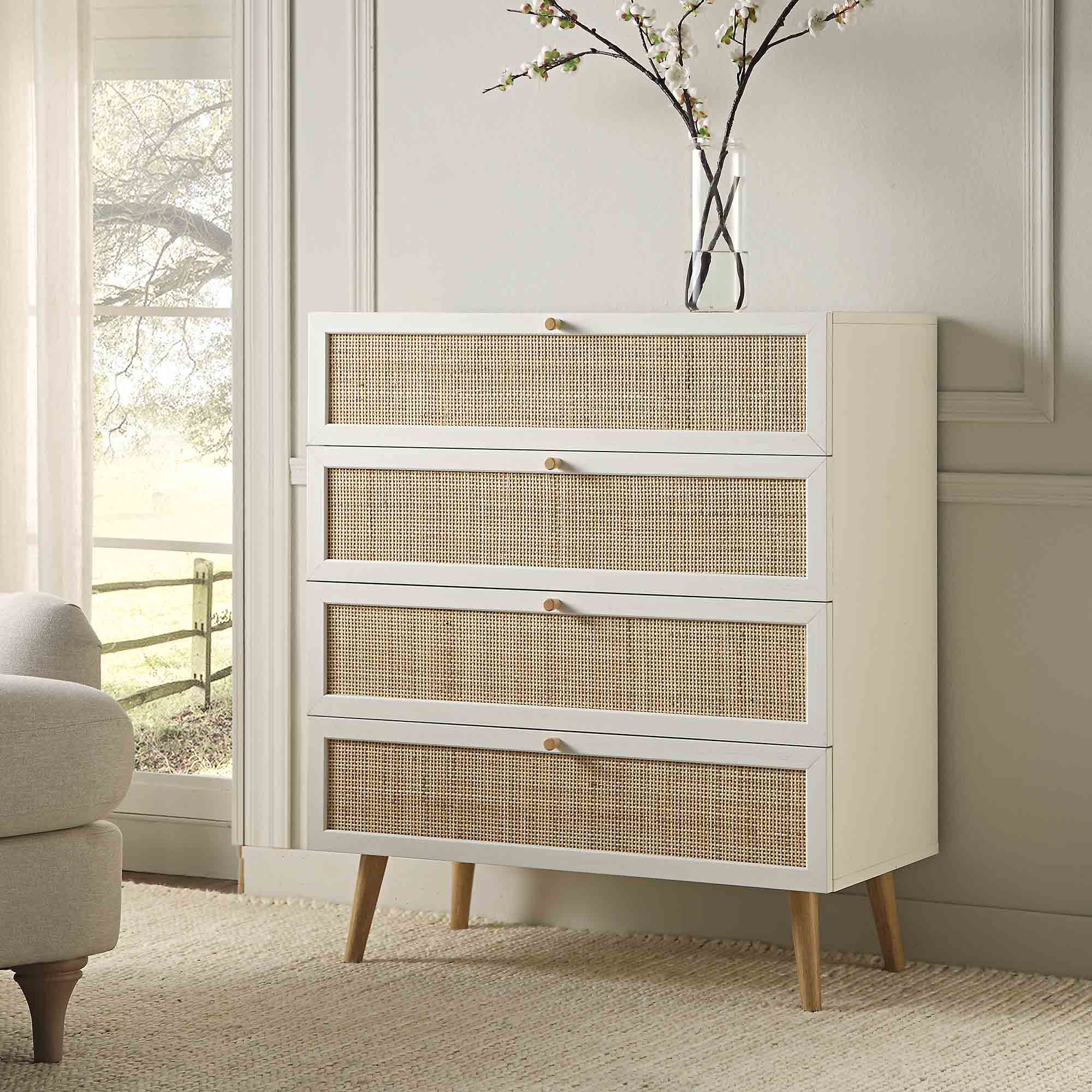 Frances Woven Rattan Tall Chest of 4 Drawers, White | daals