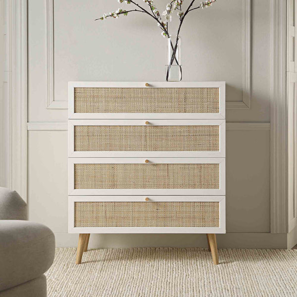 Frances Woven Rattan Tall Chest of 4 Drawers, White