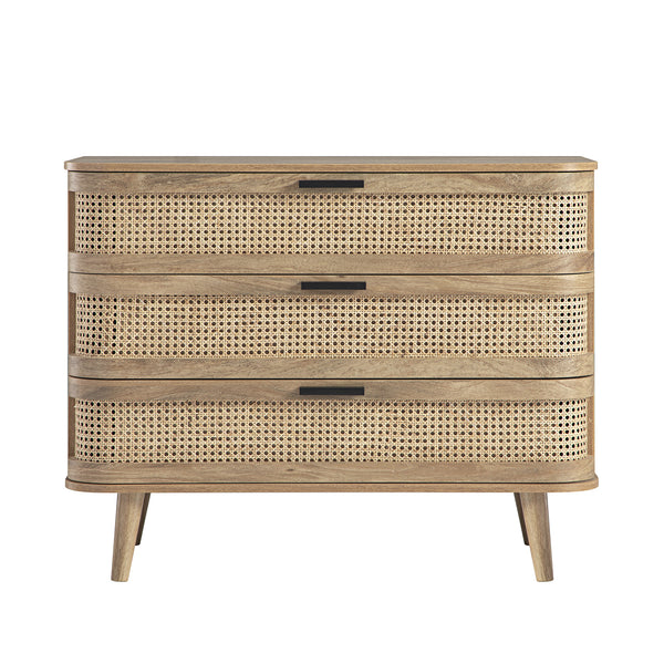 Izzy Curved Rattan Chest of 3 Drawers, Natural