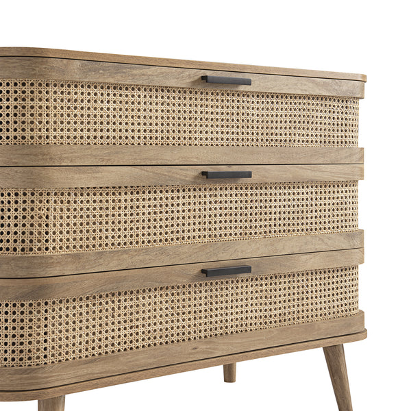 Izzy Curved Rattan Chest of 3 Drawers, Natural
