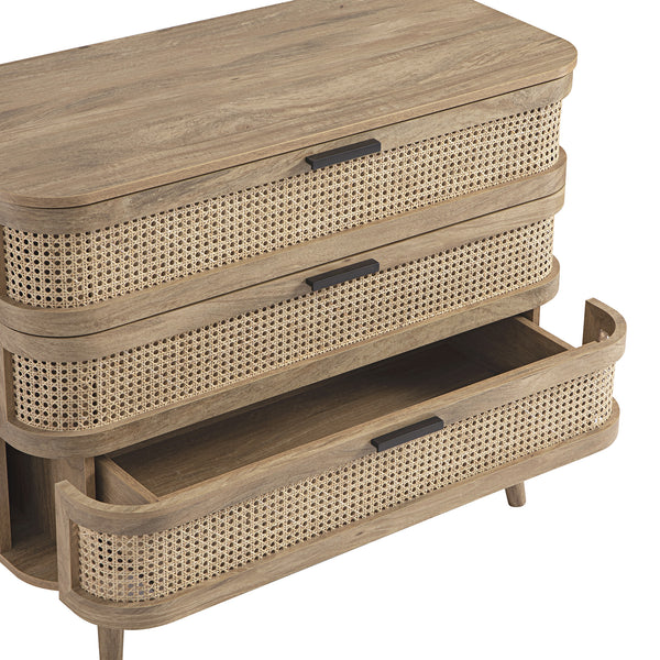 Izzy Curved Rattan Chest of 3 Drawers, Natural