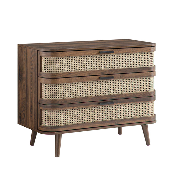 Izzy Curved Rattan Chest of 3 Drawers, Walnut
