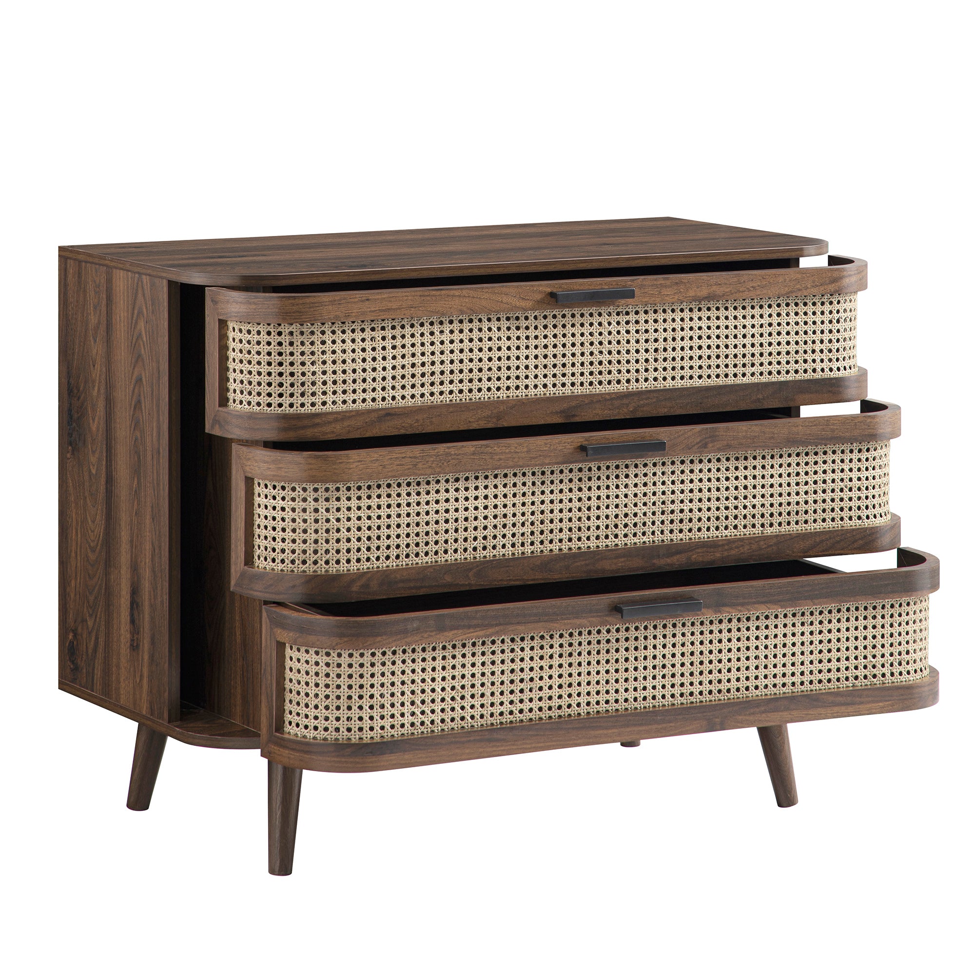 Izzy Curved Rattan Chest of 3 Drawers, Walnut | daals