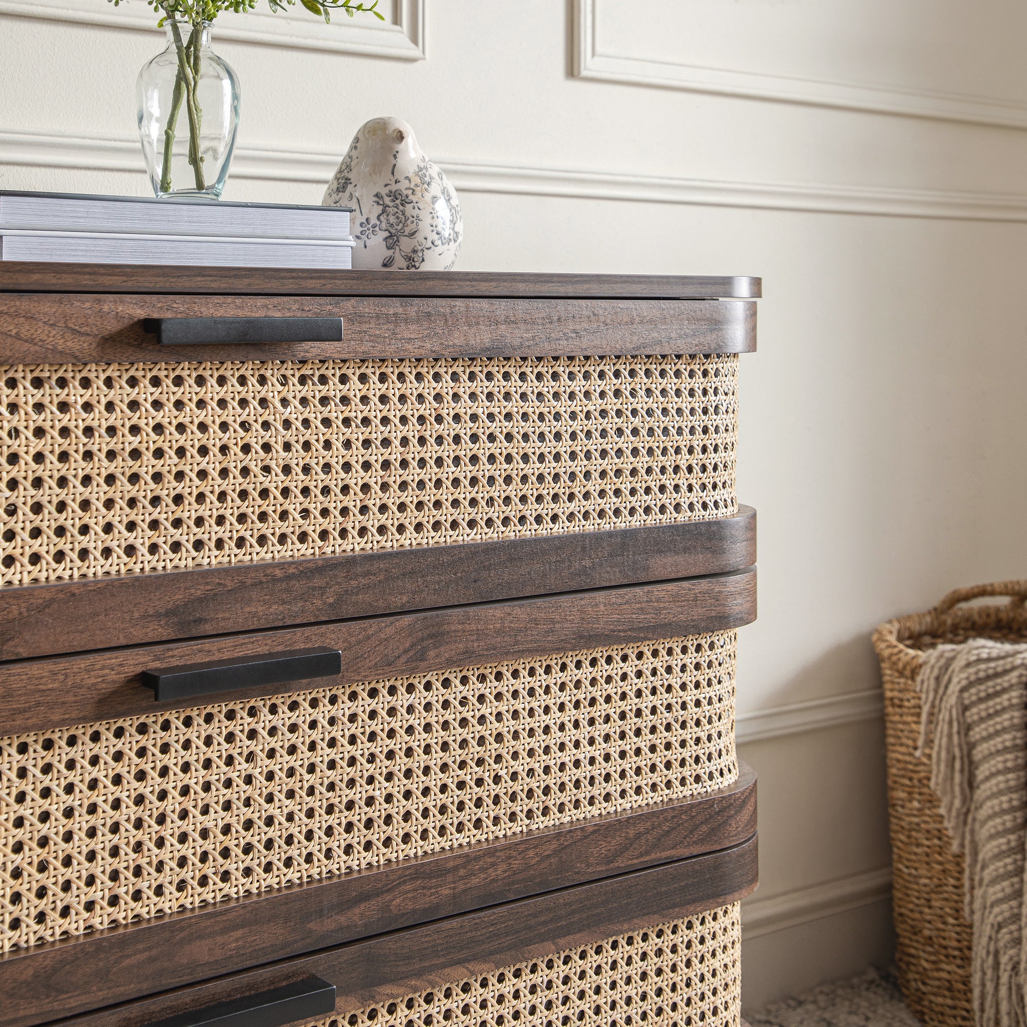 Izzy Curved Rattan Chest of 3 Drawers, Walnut | daals