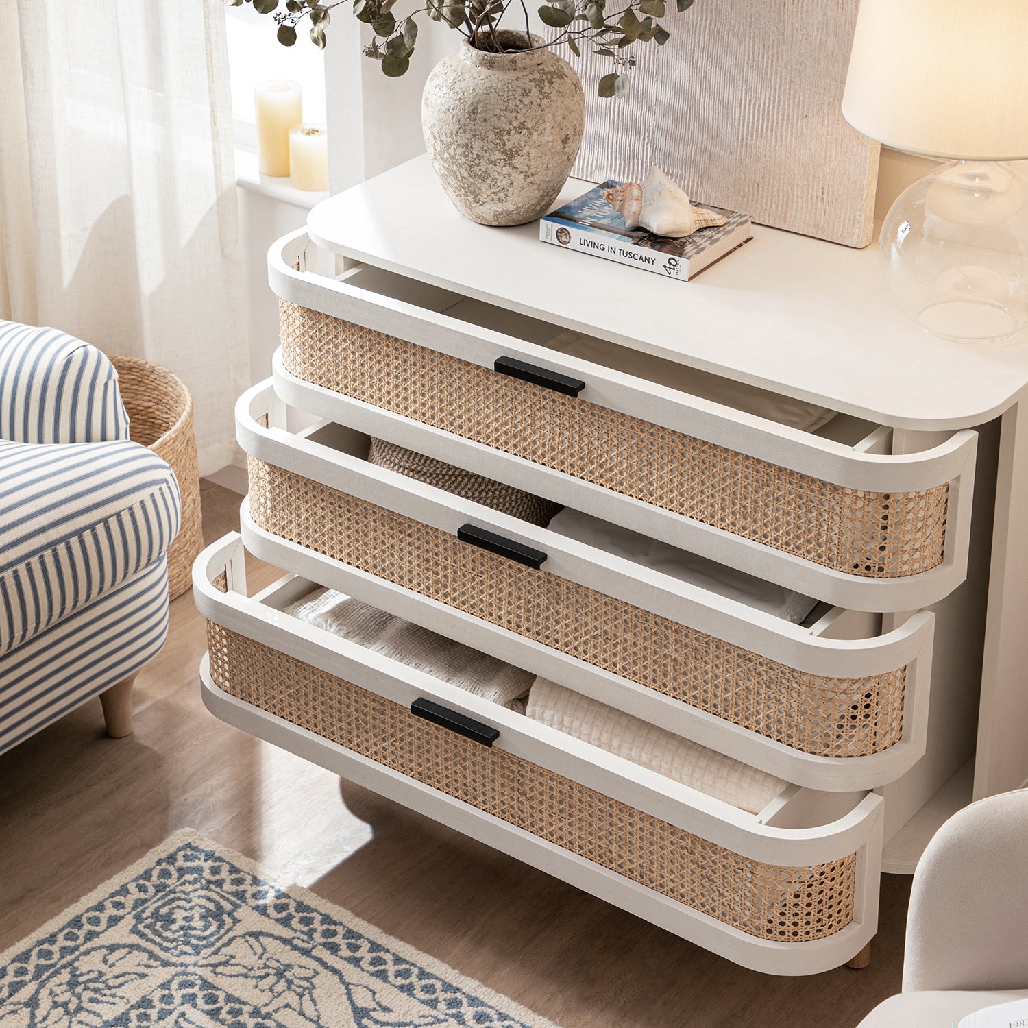 Izzy Curved Rattan Chest of 3 Drawers, White