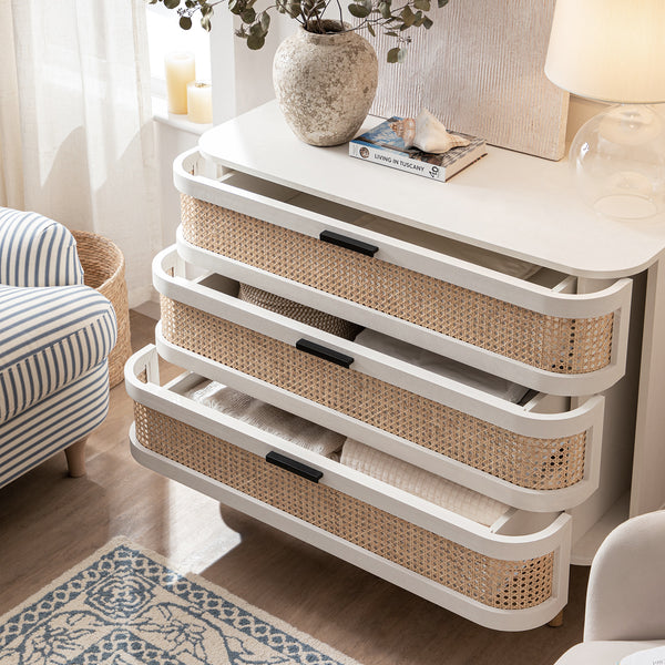 Izzy Curved Rattan Chest of 3 Drawers, White