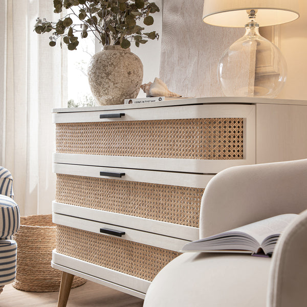 Izzy Curved Rattan Chest of 3 Drawers, White