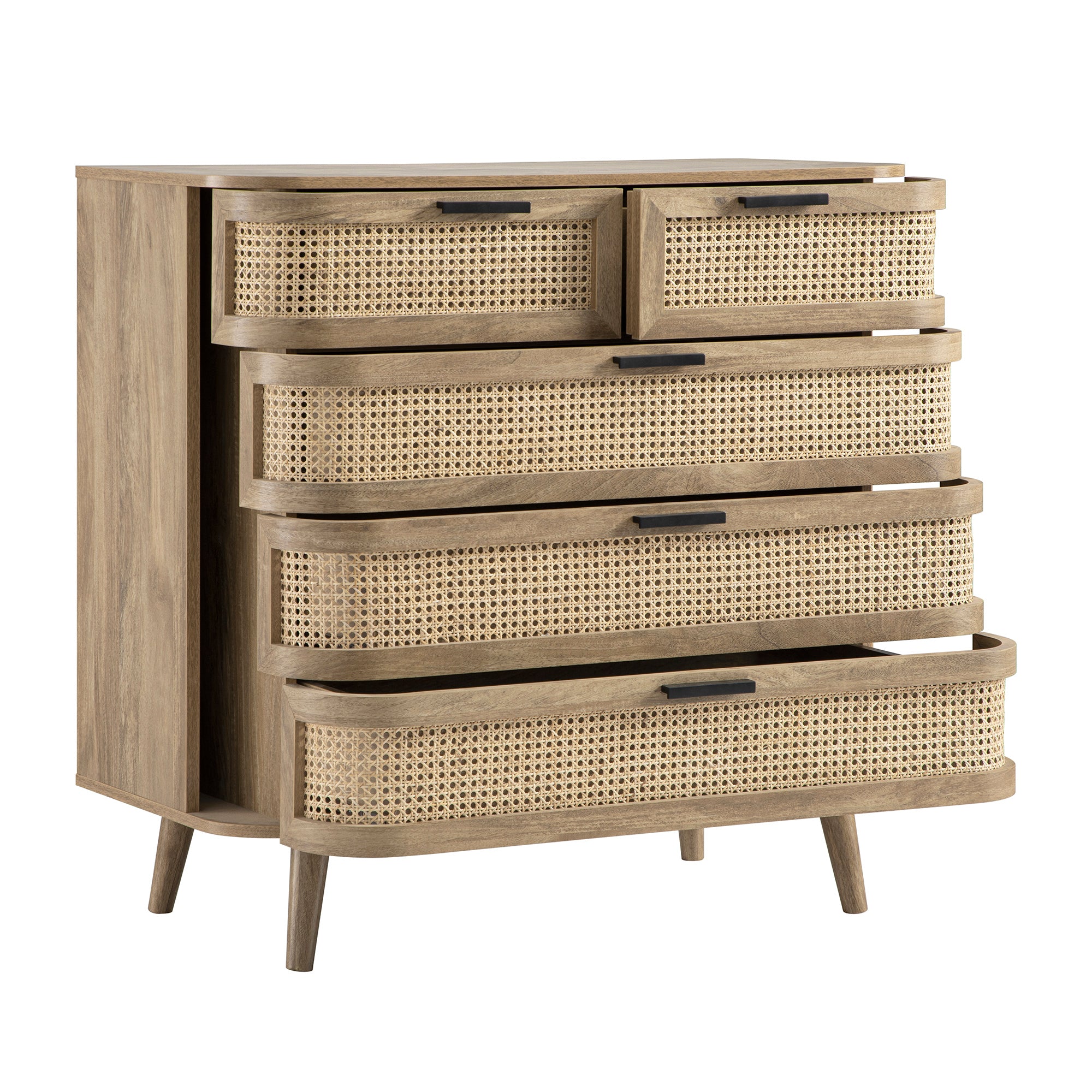 Izzy Curved Rattan Chest of 5 Drawers, Natural | daals