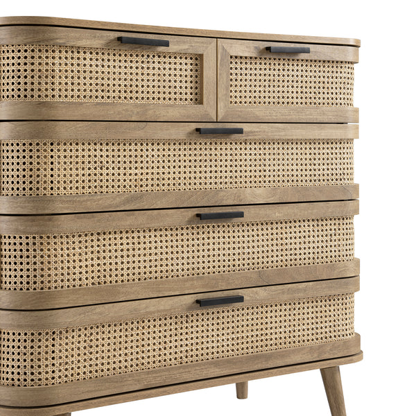 Izzy Curved Rattan Chest of 5 Drawers, Natural