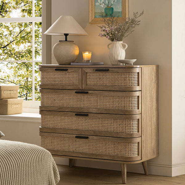 Izzy Curved Rattan Chest of 5 Drawers, Natural