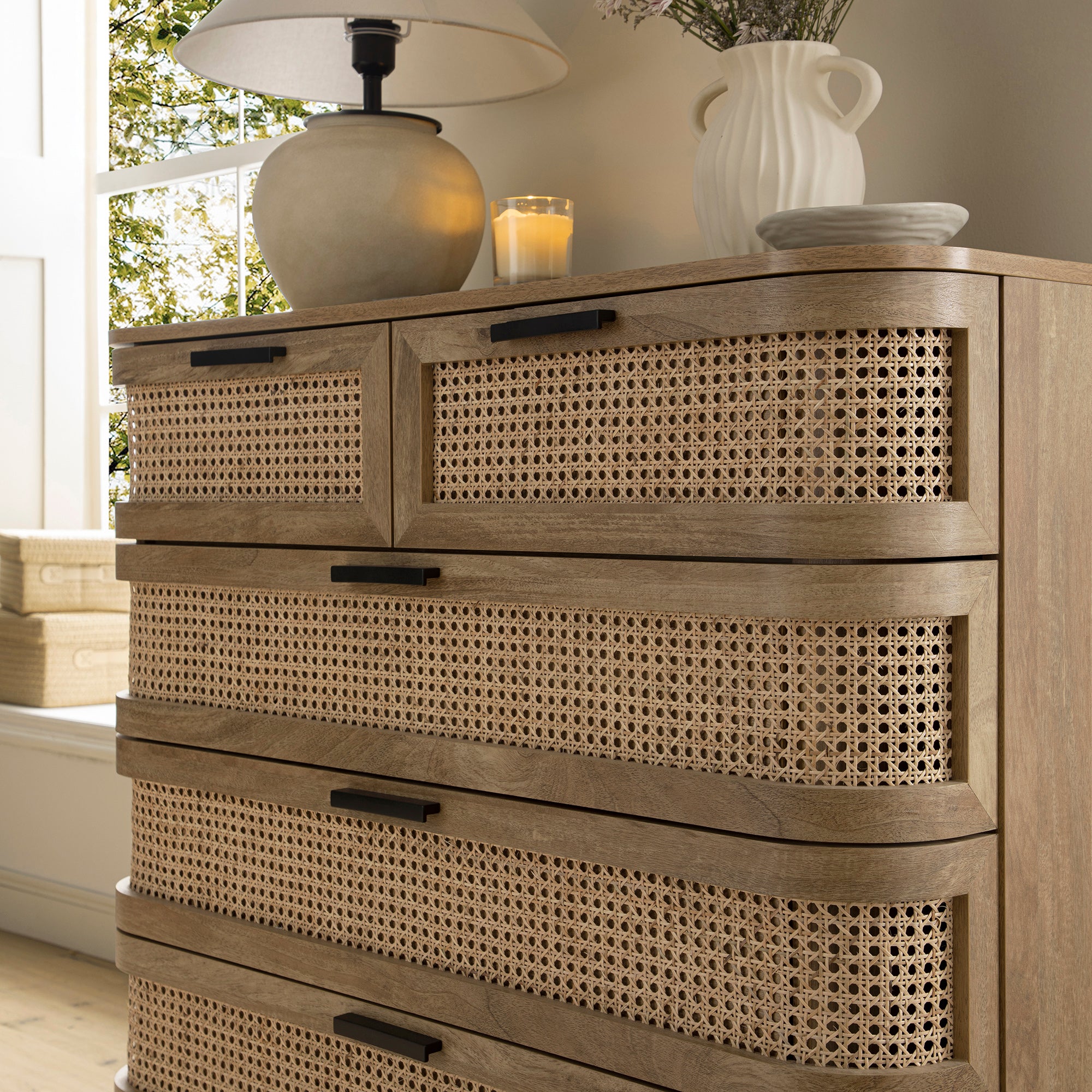Izzy Curved Rattan Chest of 5 Drawers, Natural | daals