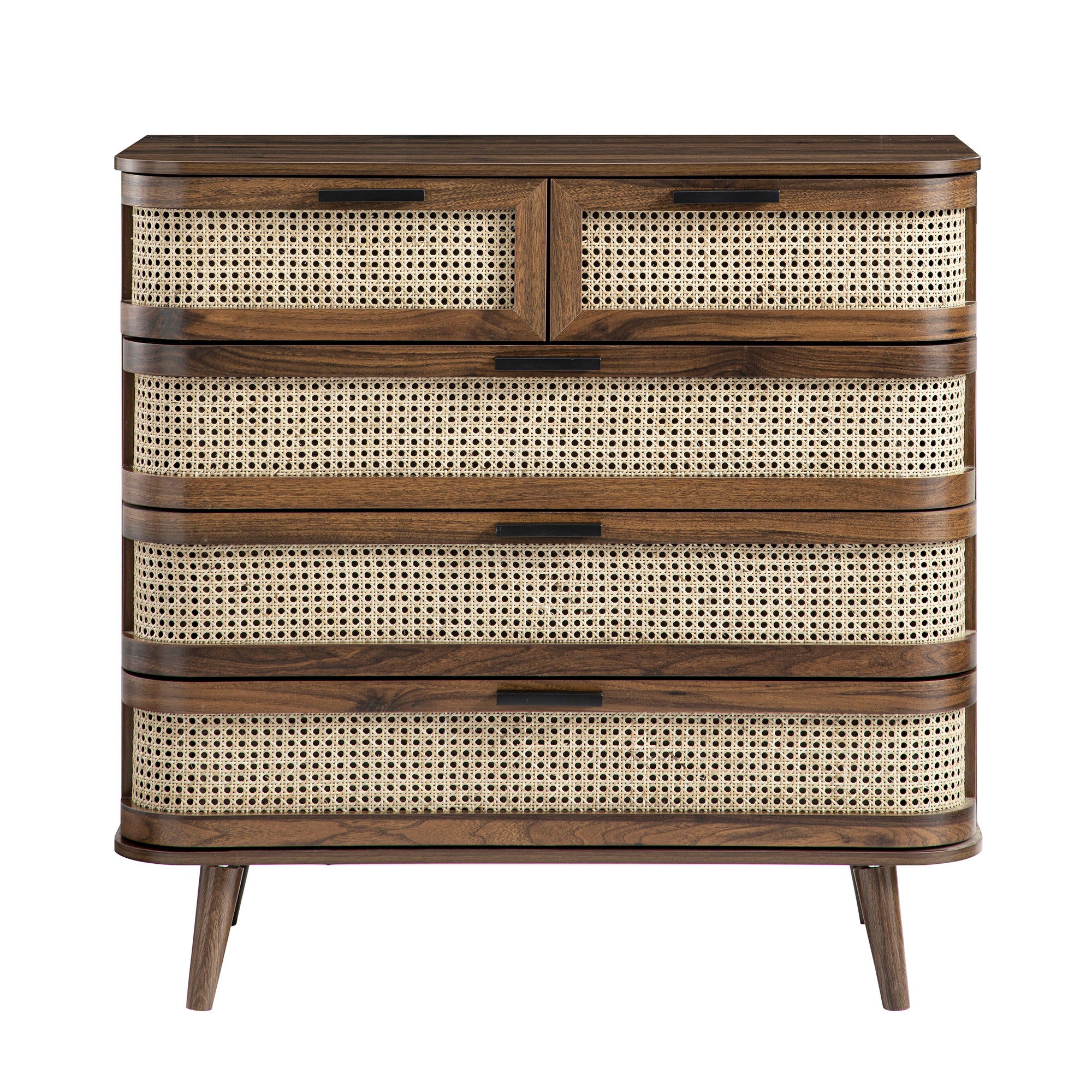 Izzy Curved Rattan Chest of 5 Drawers, Walnut | daals