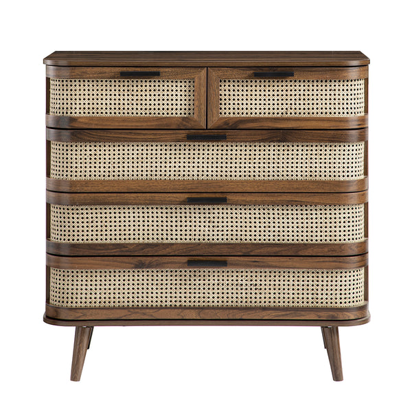 Izzy Curved Rattan Chest of 5 Drawers, Walnut