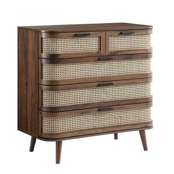 Izzy Curved Rattan Chest of 5 Drawers, Walnut