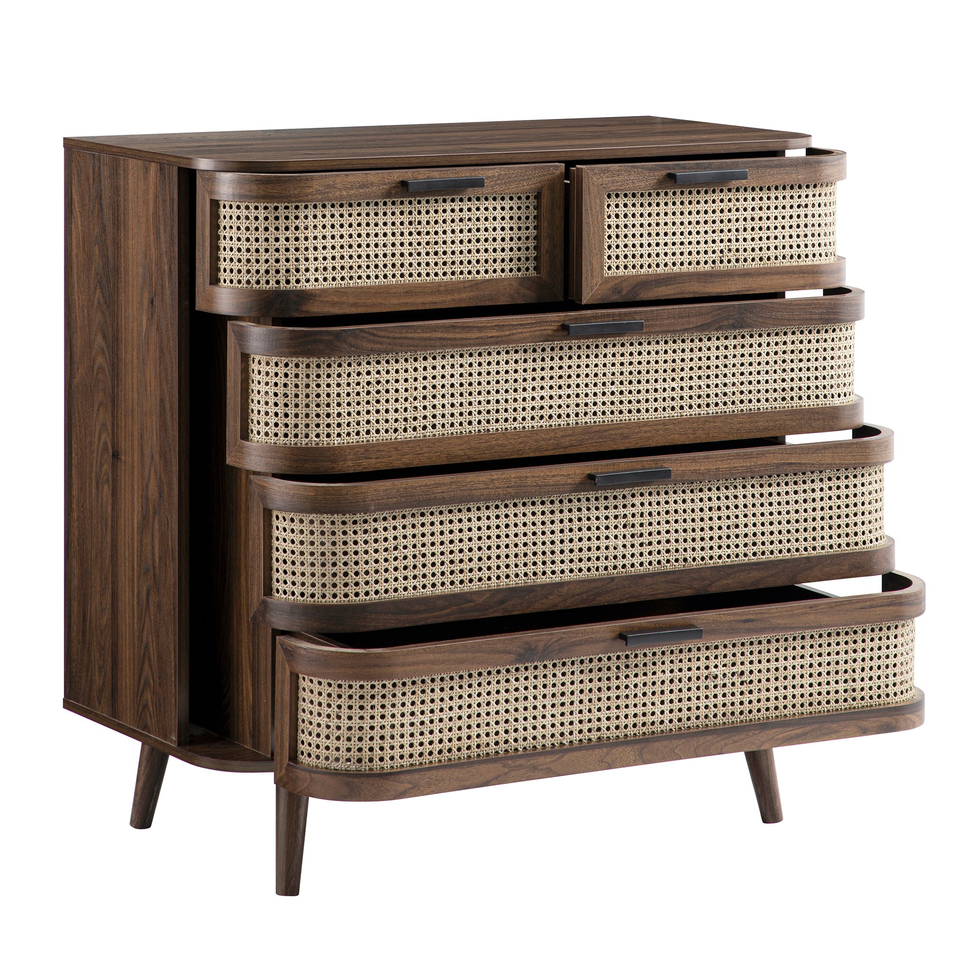 Izzy Curved Rattan Chest of 5 Drawers, Walnut | daals