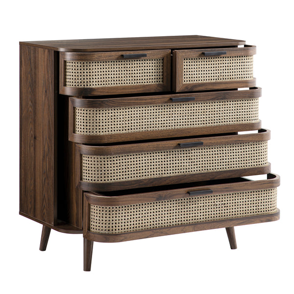 Izzy Curved Rattan Chest of 5 Drawers, Walnut