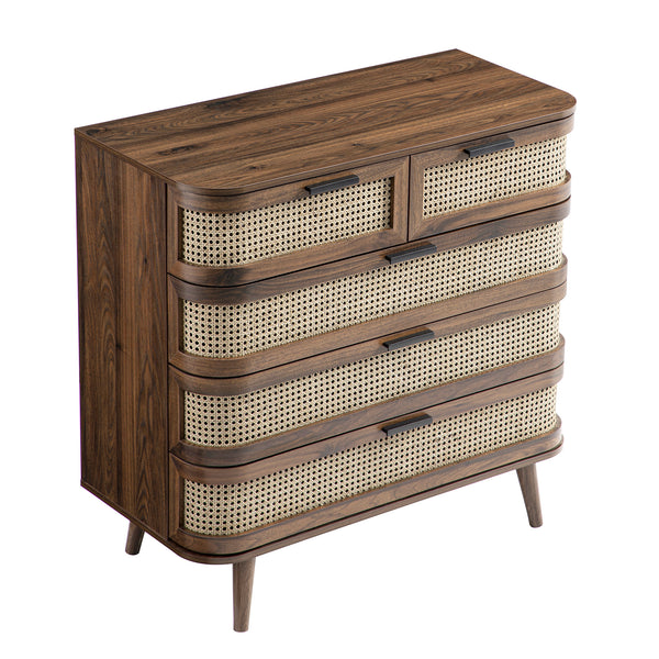 Izzy Curved Rattan Chest of 5 Drawers, Walnut