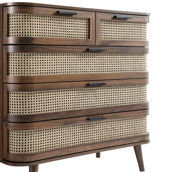 Izzy Curved Rattan Chest of 5 Drawers, Walnut