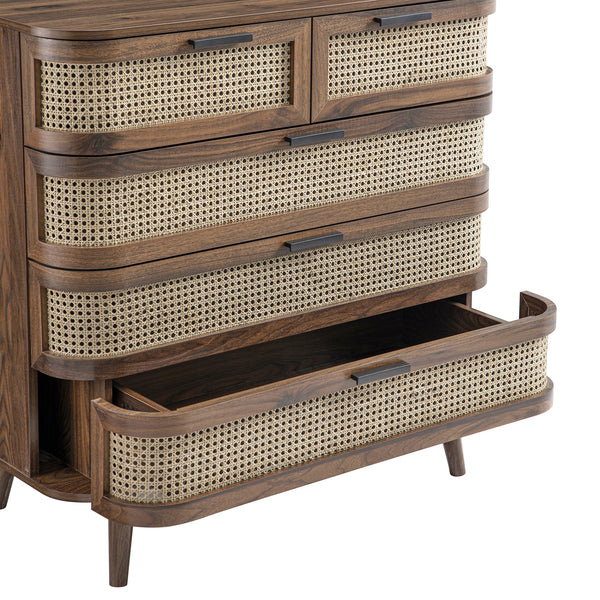 Izzy Curved Rattan Chest of 5 Drawers, Walnut