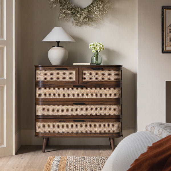 Izzy Curved Rattan Chest of 5 Drawers, Walnut