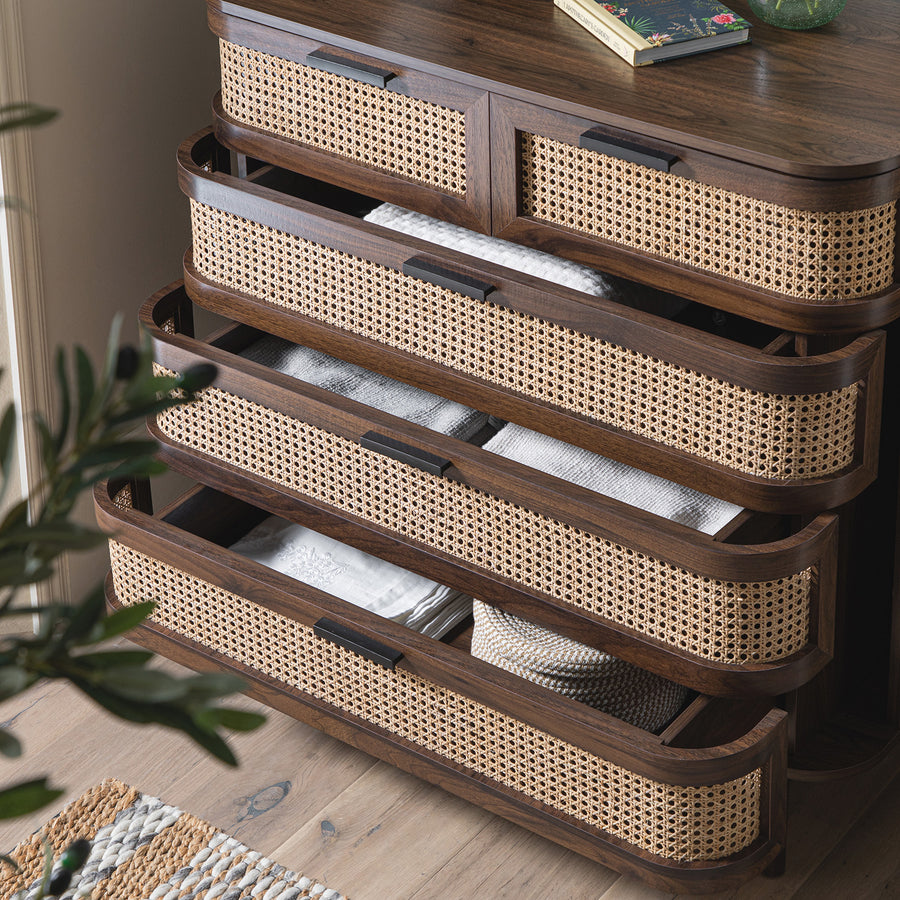 Izzy Curved Rattan Chest of 5 Drawers, Walnut
