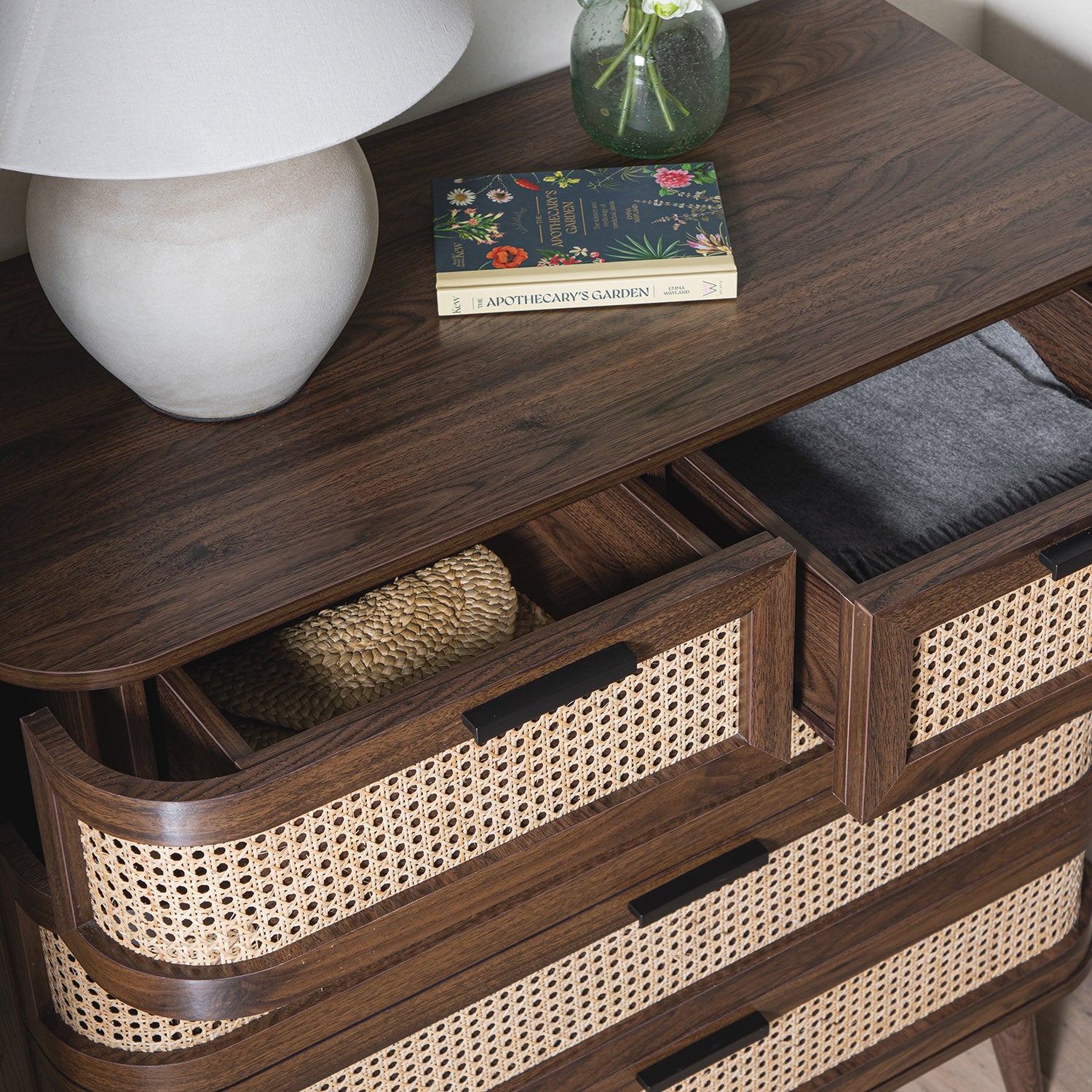Izzy Curved Rattan Chest of 5 Drawers, Walnut | daals
