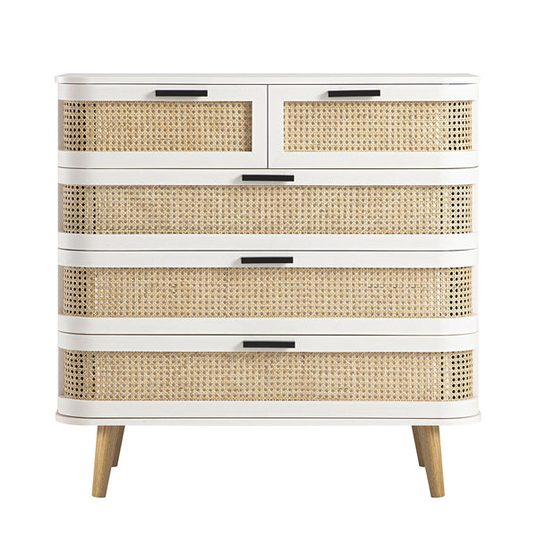 Izzy Curved Rattan Chest of 5 Drawers, White