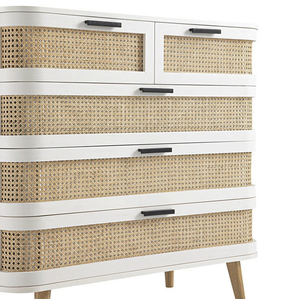 Izzy Curved Rattan Chest of 5 Drawers, White