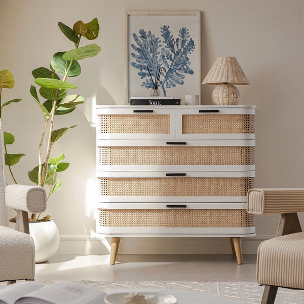 Izzy Curved Rattan Chest of 5 Drawers, White