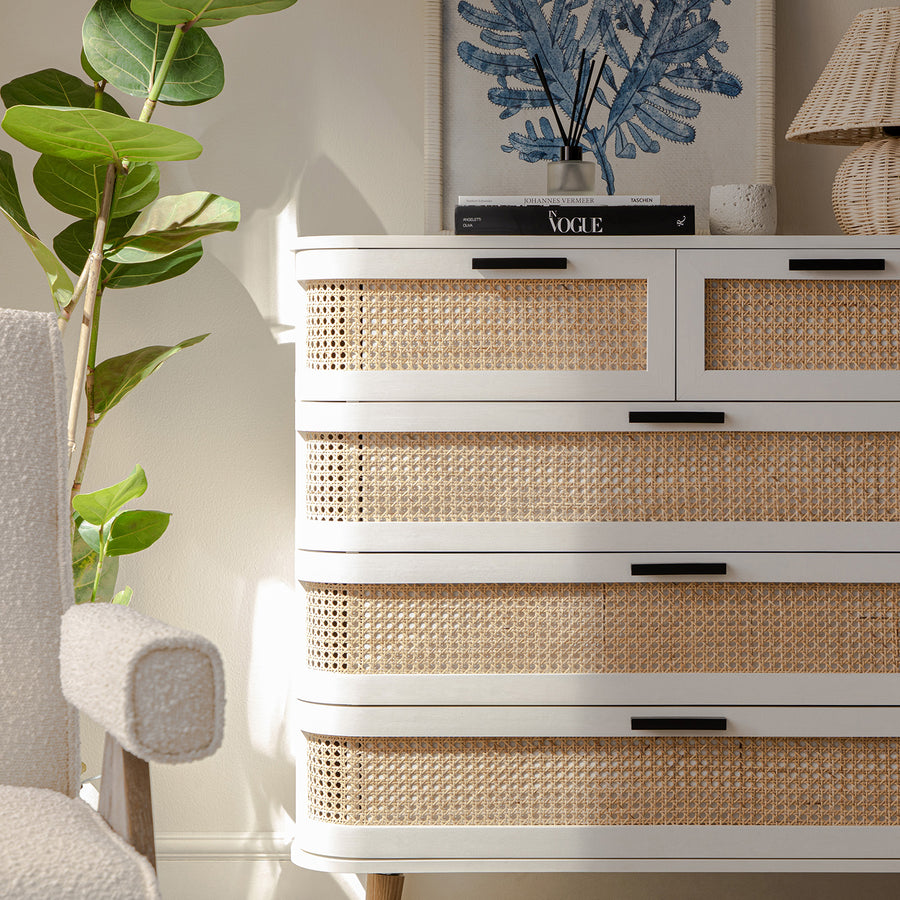 Izzy Curved Rattan Chest of 5 Drawers, White