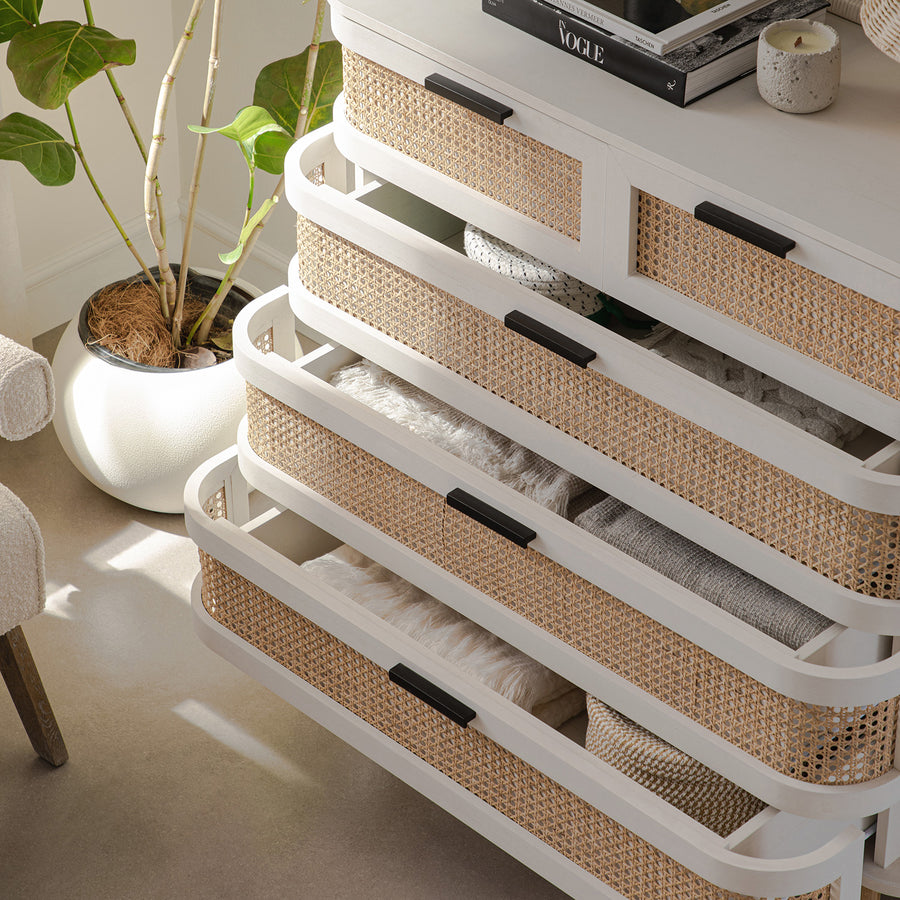 Izzy Curved Rattan Chest of 5 Drawers, White