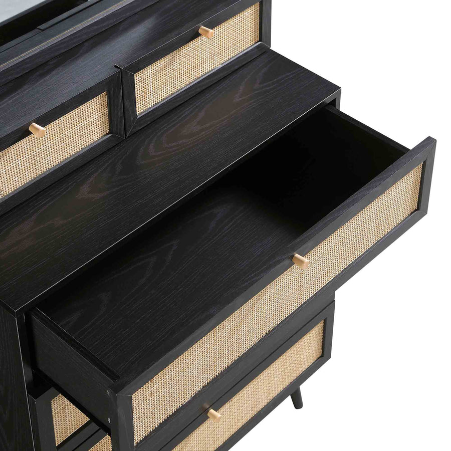Frances Woven Rattan Tall Vanity Chest with Mirror, Black
